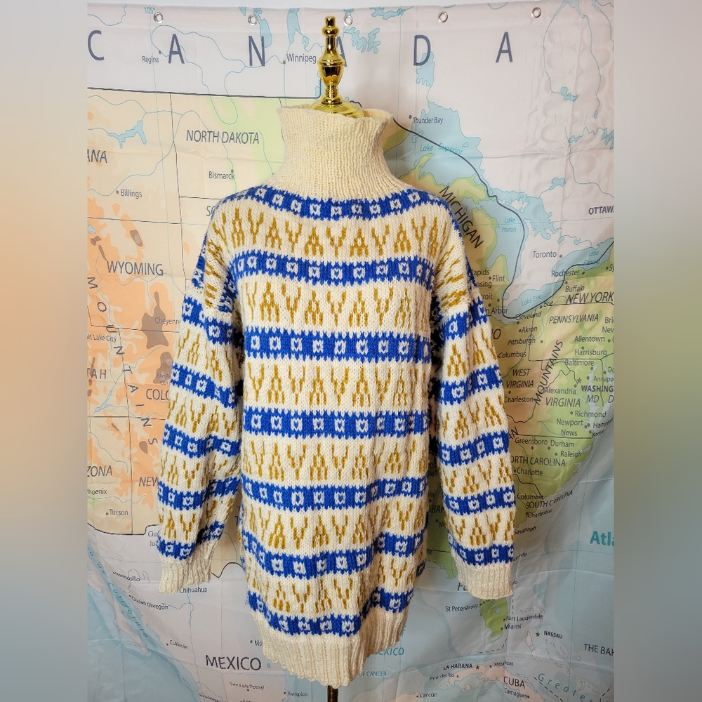 Beautiful Hand Knit Nordic Inspired Womans Sweater Blue And Gold